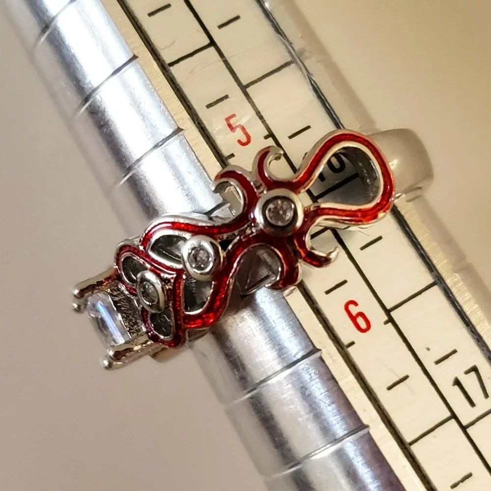 Princess Cut Solitaire Red Enamel Love Hearts Ring in Sterling Silver Sz 5.5